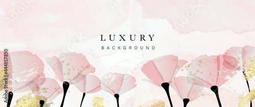 Abstract art flower background vector. Luxury minimal style wallpaper with golden line art floral and botanical leaves, Tulip, rose, Spring growing flowers and Organic shapes watercolor. 
