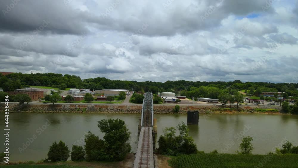 Aerial flyover of a swing bridge on the Cumberland River in Clarksville, Tennessee Aerial flyover of a swing bridge on the Cumberland River in Clarksville, Tennessee