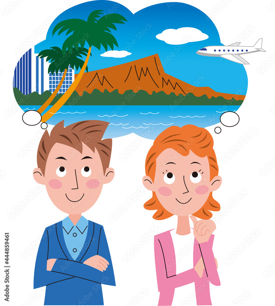 夫婦が吹き出しでハワイ旅行を計画又は思い浮かべているイラスト Stock Vector Adobe Stock