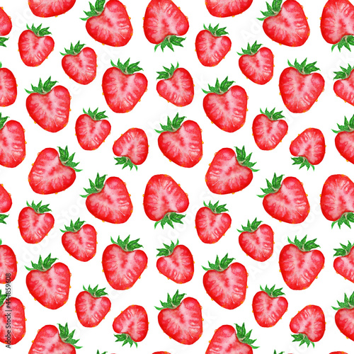Watercolor hand drawn sketch red strawberry berry slice seamless pattern texture on white background
