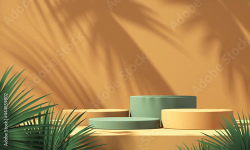 3D green and orange product podium display with orange background and tree shadow,summer product mockup background,3D render illustration