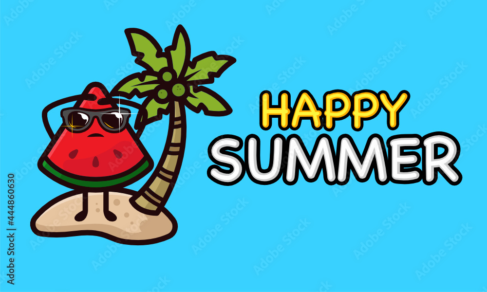 Cool watermelon mascot in summer holiday banner template Cool watermelon mascot in summer holiday banner template