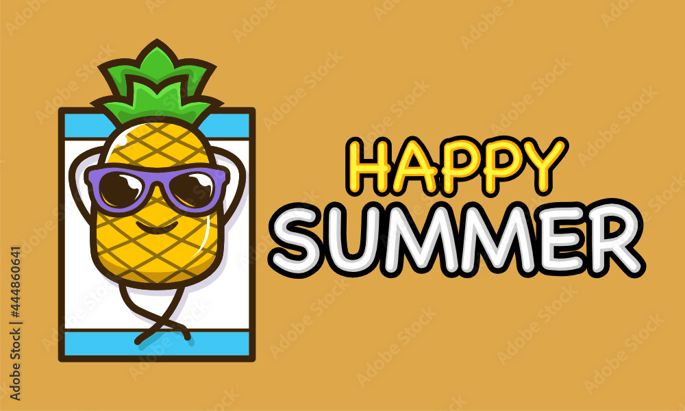 Naklejka premium Cool pineapple mascot in summer holiday banner template