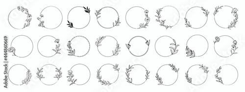 Laurels frames branches with circle borders vector collection. Vintage floral wreaths with leaves , flower, herb, swirls, ornate. Decorative elements for logo, wedding invitation, banner, packaging