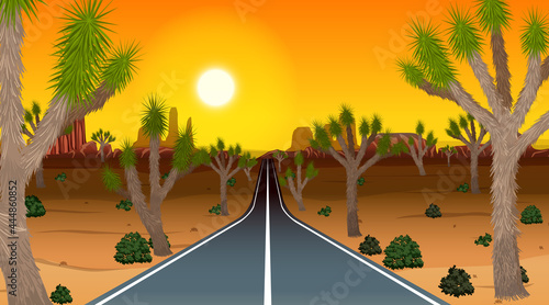 Long road through the desert landscape scene at sunset time