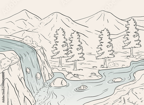 Sketch of forest with waterfall landscape
