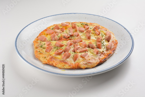 baked sausages hot dog cheesy Hawaii pizza for kids in white background western halal menu