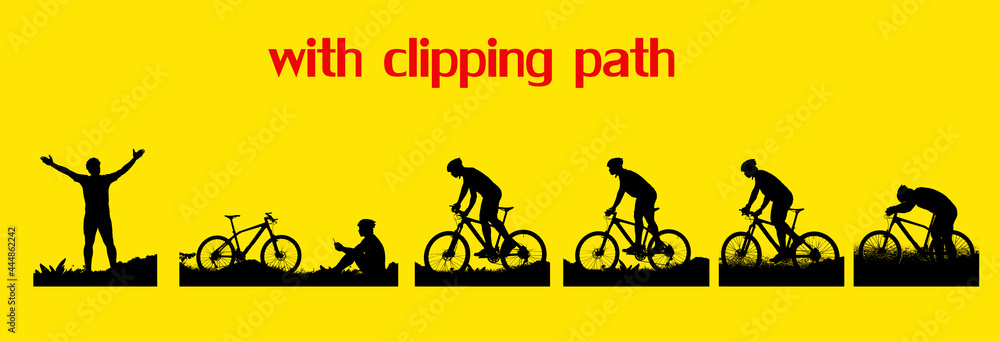 Fototapeta cyclist silhouette Riding a bike in many poses with clipping path