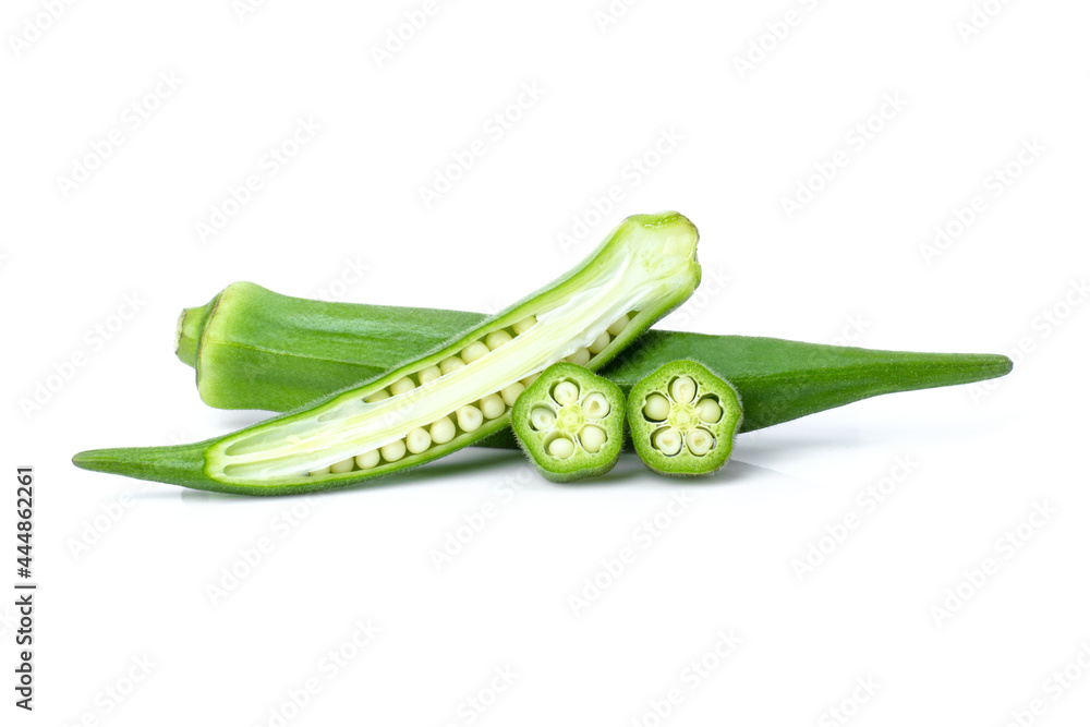 Fresh okra with slice isolated on white background. Fresh okra with slice isolated on white background.