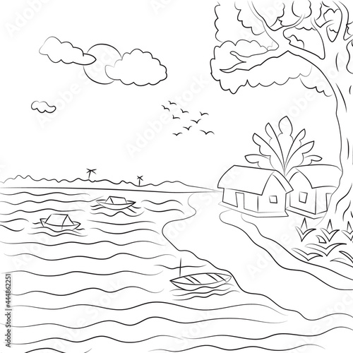 Village House by the river coloring page on white background vector illustration for kids.