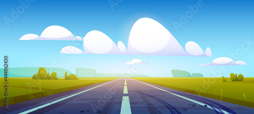 Car road in fields with green grass and forest on horizon. Vector cartoon illustration of summer countryside landscape with meadows, clouds in blue sky and highway with tire tracks on asphalt