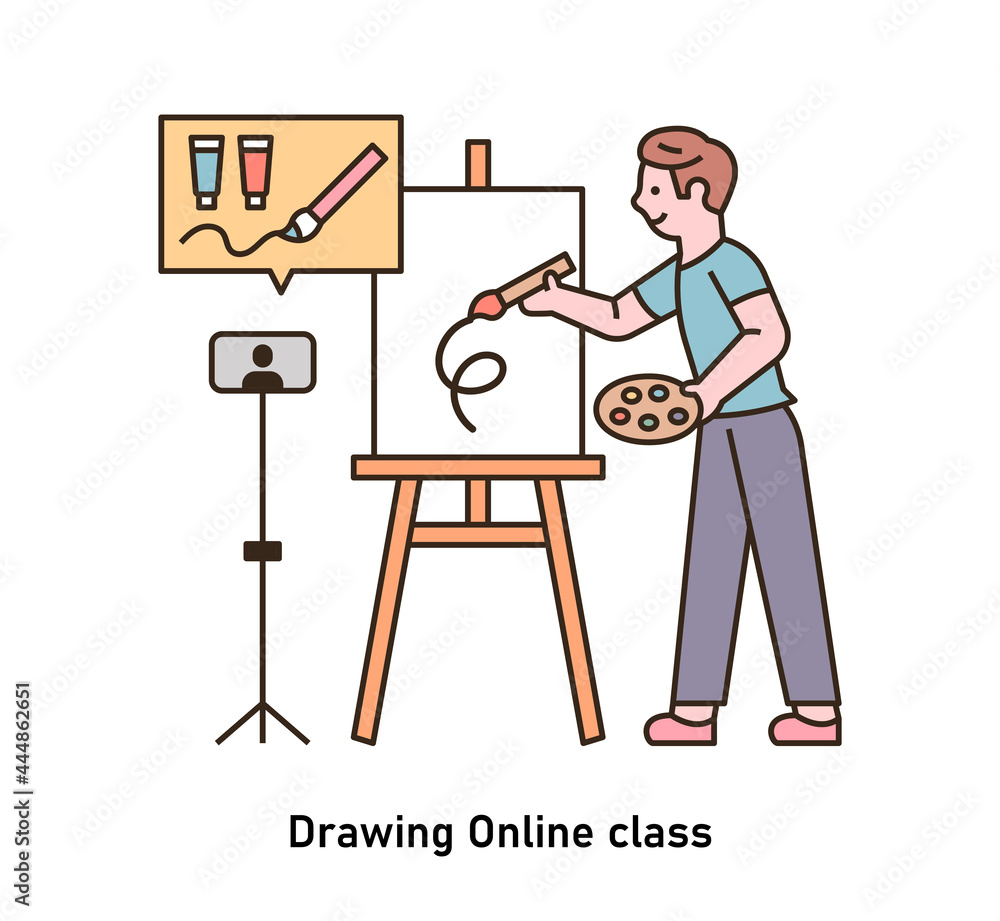 A man is drawing while watching an online class. outline simple vector illustration. A man is drawing while watching an online class. outline simple vector illustration.