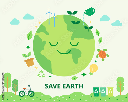 Environmental protection poster decorated with environmental icons around a smiling globe. flat design style minimal vector illustration.
