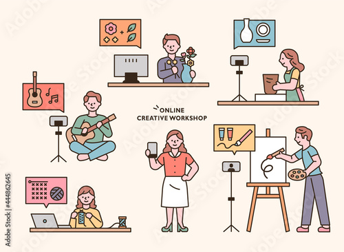 People are taking hobby classes online. Online one-day class. Playing guitar, making pottery, drawing, knitting, flower arrangement.