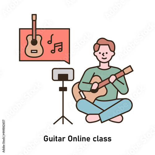 A man is learning guitar while watching an online class. outline simple vector illustration.