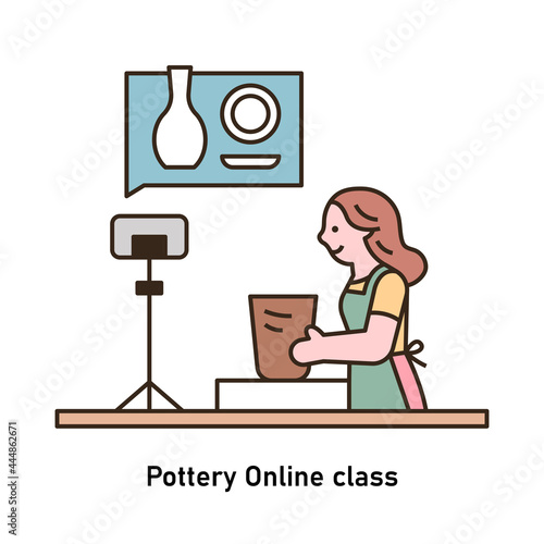 A woman is making pottery while watching an online class. outline simple vector illustration.