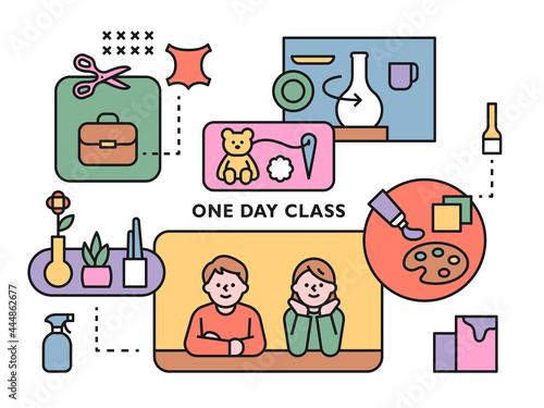 Two cute characters are choosing various hobby items. outline simple vector illustration.