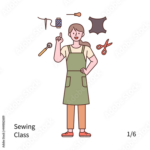 A woman is wearing an apron and pointing to a tool for leather crafting. outline simple vector illustration.