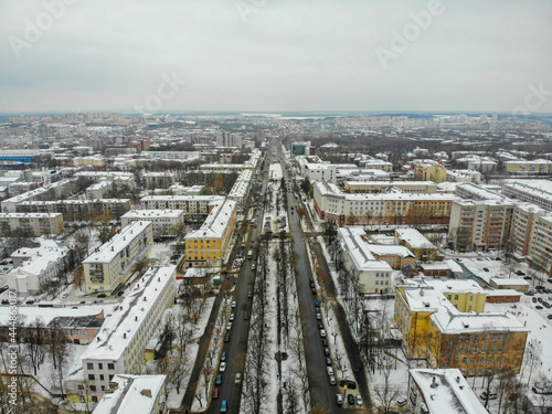 Aerial view of Oktyabrsky Prospekt in winter  Kirov  Russia 