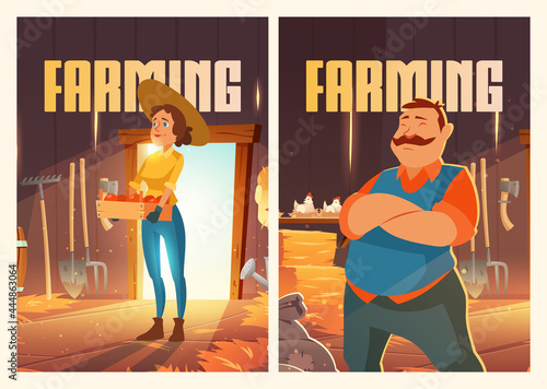 Farming posters with man and woman in barn with chickens, straw and garden tools. Vector flyers with cartoon illustration of farmers in countryside wooden shed with hens, harvest and hay stacks