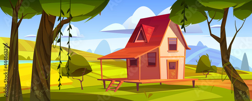 Wooden farm house with agriculture fields and garden. Vector cartoon summer landscape of countryside with green hills, lake, trees and small cottage with porch