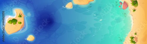 Sea beach top view background, tropical ocean coastline with palm trees and rocks in blue clean water. Sandy shore scenery nature landscape, travel destination, paradise Cartoon vector illustration