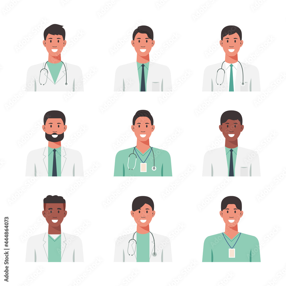 People portraits of males doctor, men face avatars isolated icons set, vector flat illustration People portraits of males doctor, men face avatars isolated icons set, vector flat illustration