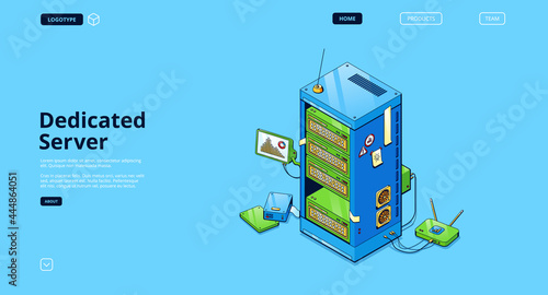 Dedicated server isometric landing page, computer data storage equipment, pc memory database, hardware. Electronic device for web hosting, information saving technology 3d vector line art web banner