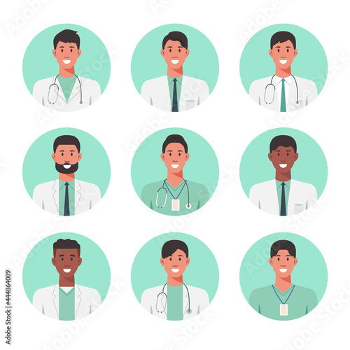 People portraits of males doctor, men face avatars isolated at round icons set, vector flat illustration