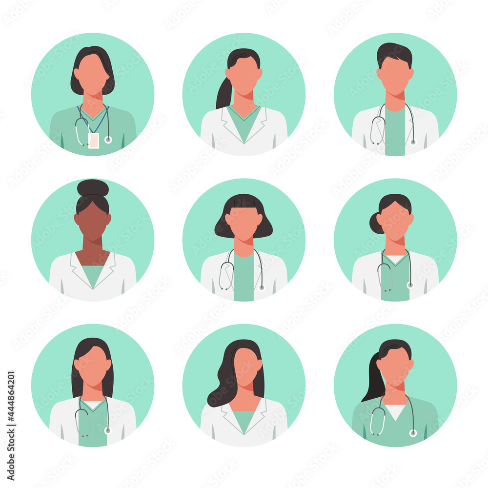 People portraits of faceless females doctor, women face avatars isolated at round icons set, vector flat illustration People portraits of faceless females doctor, women face avatars isolated at round icons set, vector flat illustration