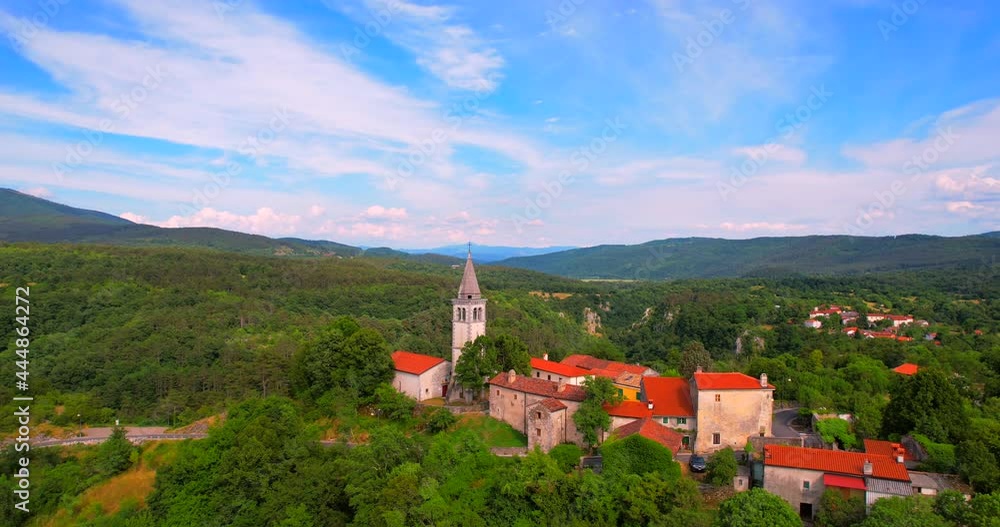 Flying around the church of Skocjan Caves in Slovenia Europe entrance with a church on a rock Flying around the church of Skocjan Caves in Slovenia Europe entrance with a church on a rock