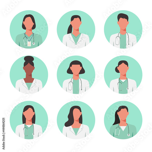 People portraits of faceless females doctor, women face avatars isolated at round icons set, vector flat illustration