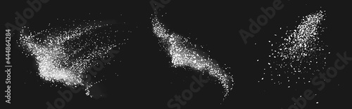 Scatters of sugar or salt crystals with white dust. Vector realistic set of stains of crushed pieces of chalk or sand, coarse culinary ground sea salt or sugar granules isolated on black background