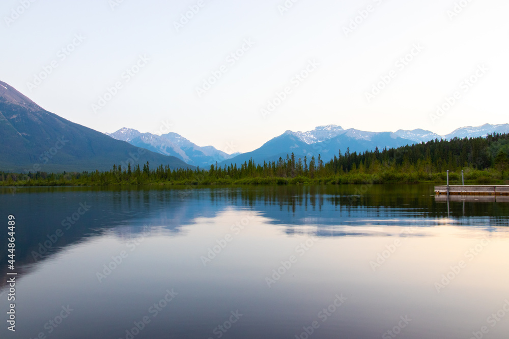 Sunset mountain reflection in lake