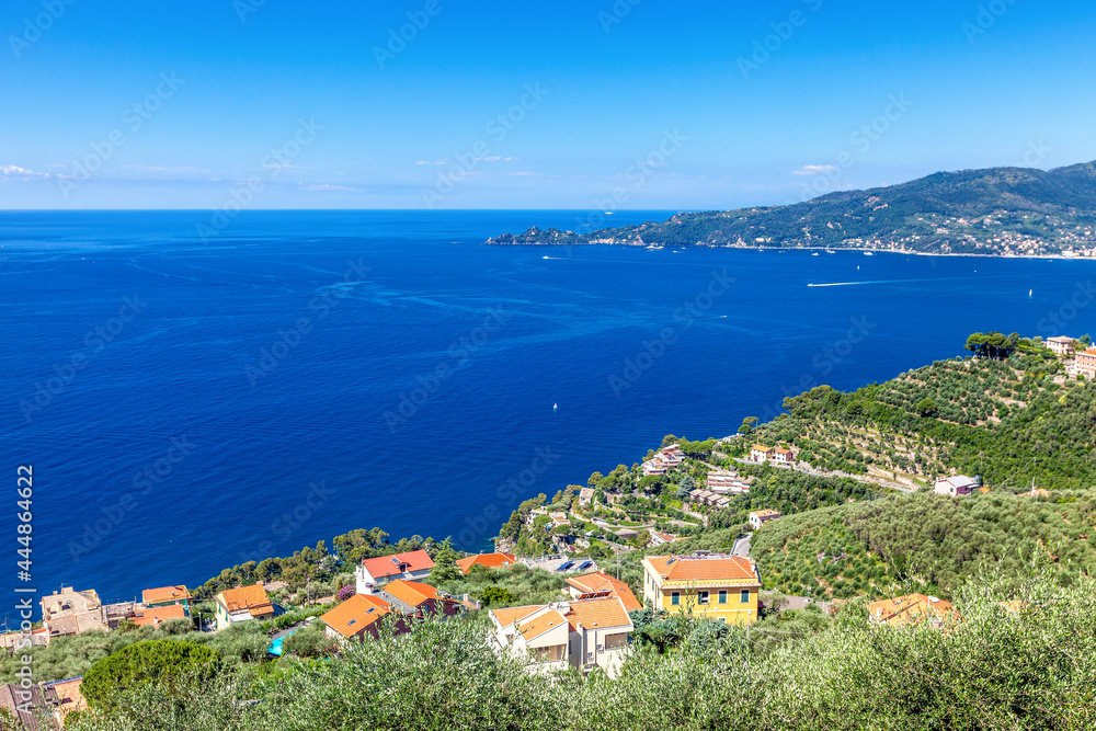 Panoramic view from Chiavari to Ligurian seaside Portofino area and Mediterranean Sea, Italy