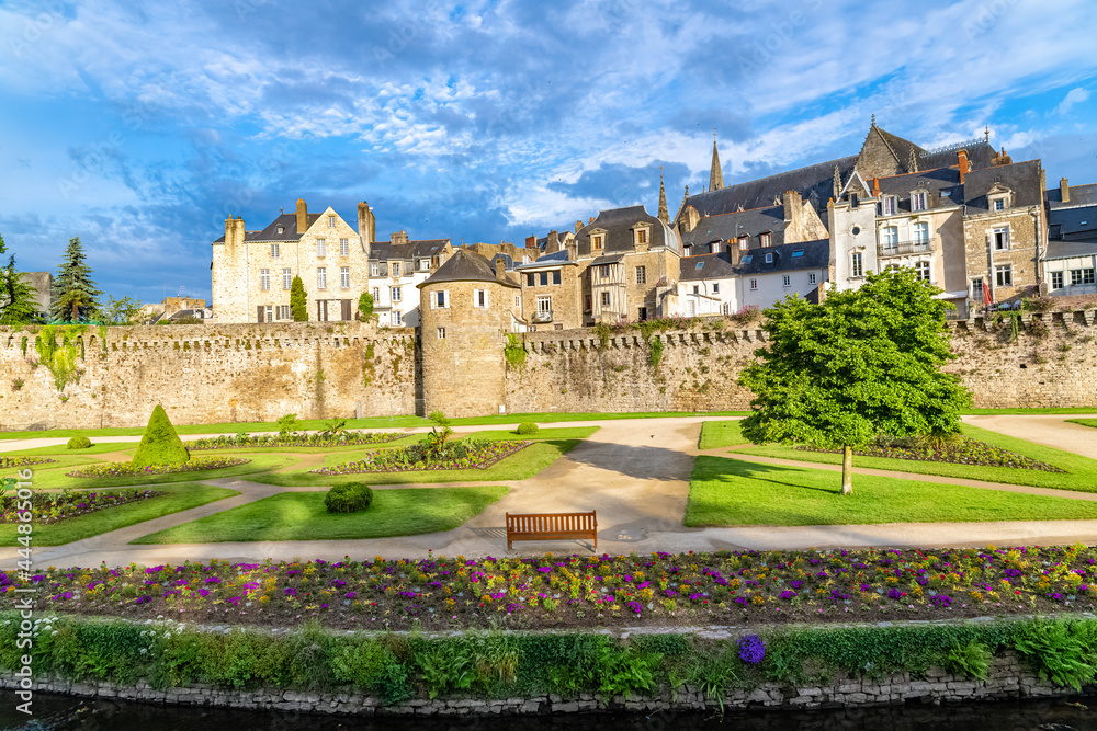 Vannes, medieval city in Brittany, view of the ramparts garden with flowerbed 
