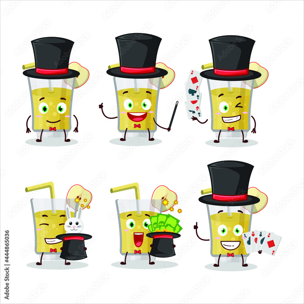 A fresh apple juice Magician cartoon character perform on a stage. Vector illustration A fresh apple juice Magician cartoon character perform on a stage. Vector illustration