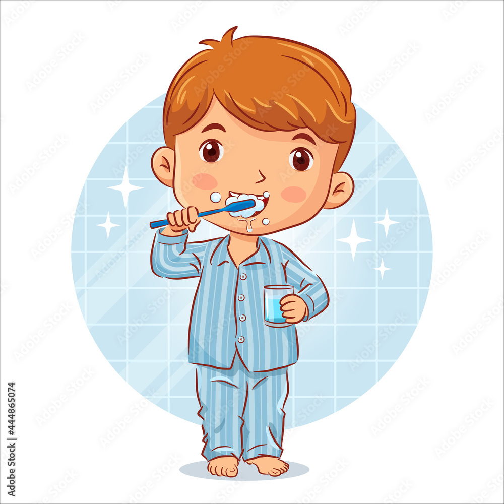 Little boy in a pyjamas stands brushing teeth and holds a glass of water in the bathroom. Vector illustration Little boy in a pyjamas stands brushing teeth and holds a glass of water in the bathroom. Vector illustration