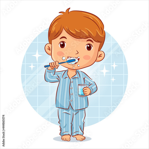 Little boy in a pyjamas stands brushing teeth and holds a glass of water in the bathroom. Vector illustration