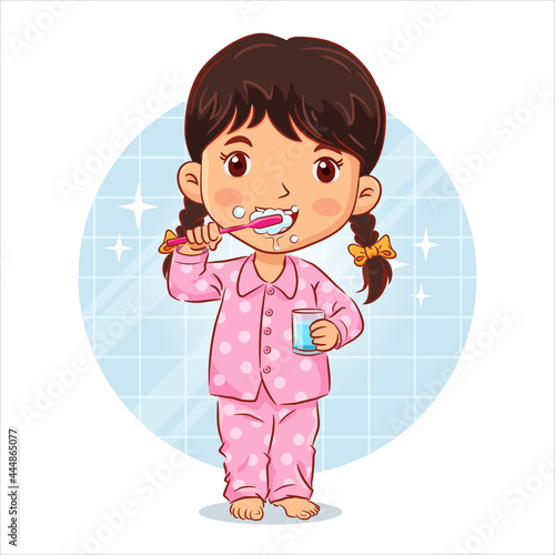 Little girl in a pyjamas stands brushing teeth and holds a glass of water in the bathroom. Vector illustration