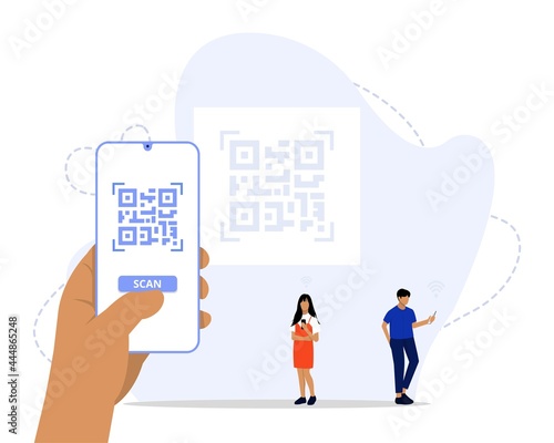 Vector Illustration, QR Code scanning Concept, Showing people scan code using smartphone, 
Suitable for landing page, UI, web, App intro card, and others