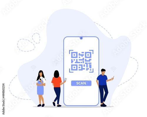 Vector Illustration, QR Code scanning Concept, Showing people scan code using smartphone, 
Suitable for landing page, UI, web, App intro card, and others