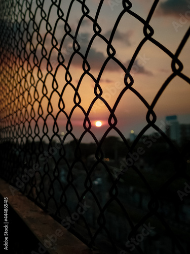sunset behind fence