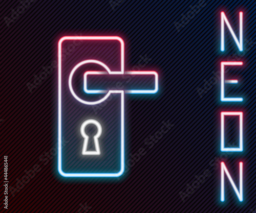 Glowing neon line Door handle icon isolated on black background. Door lock sign. Colorful outline concept. Vector