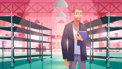 Businessman in warehouse with empty metal racks. Vector cartoon illustration of storage room interior with worker and shelves for stock, cargo, goods. Storehouse with man with folder