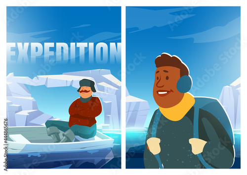 Expedition poster with people on glacier in arctic. Concept of scientific research on north pole or Antarctica. Vector cartoon illustration of men with boat on polar ice in ocean