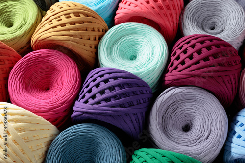 Skeins of colorful threads for needlework.