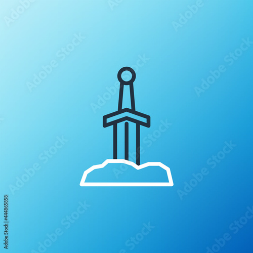 Line Sword in the stone icon isolated on blue background. Excalibur the sword in the stone from the Arthurian legends. Colorful outline concept. Vector