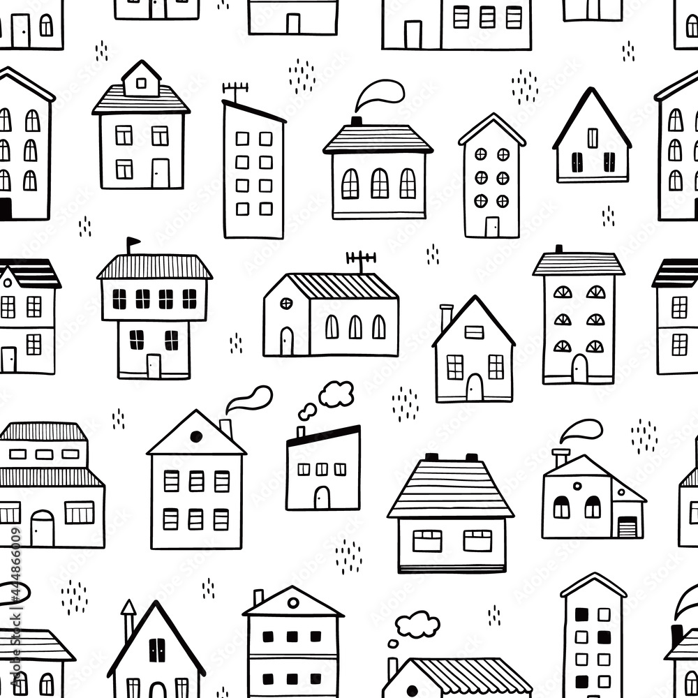 House pattern. Doodle sketch style seamless background. Hand drawn home with roof vector illustration for texture, print.