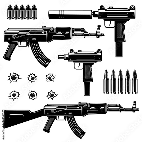 Set of illustrations of weapon.Uzi submachine gun, ak-47. Design element for logo, label, sign, poster. Vector illustration
